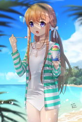 Rule 34 | 1girl, blue eyes, blurry, blurry foreground, blush, bow, brown hair, casual one-piece swimsuit, collarbone, commentary request, cup, dated, day, depth of field, disposable cup, ensemble girls!, food, hair between eyes, hair bow, highres, holding, holding cup, holding spoon, horizon, hoshiumi koyoi, jacket, long hair, low twintails, ocean, one-piece swimsuit, open clothes, open jacket, open mouth, outdoors, palm tree, purple eyes, sarasa (kanbi), shaved ice, solo, spoon, standing, striped clothes, striped jacket, swimsuit, tree, twintails, twitter username, very long hair, water, white bow, white one-piece swimsuit