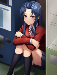 Rule 34 | 1girl, angdo (kakajo26), black ribbon, black socks, blue hair, blue skirt, blush, breasts, closed mouth, commentary request, crossed arms, feet out of frame, highres, jacket, kawashima ami, kneehighs, legs together, long hair, long sleeves, looking at viewer, miniskirt, neck ribbon, oohashi high school uniform, parted bangs, pleated skirt, purple eyes, red jacket, ribbon, school uniform, shirt, sitting, skirt, socks, solo, toradora!, vending machine, white shirt