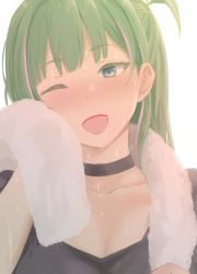 Rule 34 | 1girl, :d, blue eyes, blush, breasts, choker, cleavage, gomu (chewinggom), green hair, highres, idoly pride, komiyama ai, looking at viewer, one eye closed, one side up, open mouth, simple background, smile, solo, sweat, towel, towel around neck, upper body, white background, white choker, wiping face