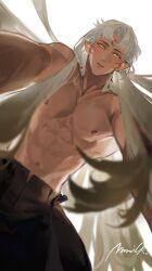 Rule 34 | 1boy, black pants, blush, chinese commentary, commentary, contemporary, crescent, crescent facial mark, facial mark, forehead mark, grey hair, highres, inuyasha, long hair, looking to the side, male focus, mmmilk, muscular, muscular male, open fly, pants, parted lips, pointy ears, pov, sesshoumaru, signature, slit pupils, solo, surprised, topless male, upper body, white background, yellow eyes