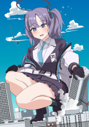 Rule 34 | 1girl, absurdres, artist request, belt, black footwear, black gloves, black skirt, blue archive, blue necktie, blue sky, building, city, cloud, collared shirt, giant, giantess, gloves, half gloves, halo, highres, jacket, jacket partially removed, loafers, miniskirt, multicolored clothes, multicolored jacket, necktie, off shoulder, open clothes, open jacket, open mouth, outdoors, parted bangs, pleated skirt, purple eyes, purple hair, shirt, shoes, sidelocks, skirt, sky, skyscraper, solo, squatting, sweatdrop, thick thighs, thighs, two-tone jacket, two side up, white belt, white jacket, white shirt, yuuka (blue archive)