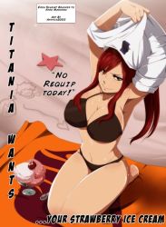 Rule 34 | 1girl, bikini, blush, breasts, erza scarlet, fairy tail, food, ice cream, large breasts, red hair, smile, swimsuit
