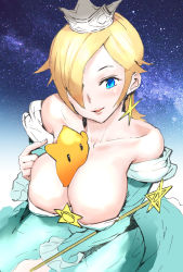 Rule 34 | 1girl, bare shoulders, between breasts, blonde hair, blue eyes, breasts, cleavage, from above, hair over one eye, highres, igarashi mangou, large breasts, looking at viewer, mario (series), nintendo, parted lips, rosalina, short hair, smile, solo, super star (mario), super mario galaxy