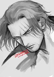 Rule 34 | 1boy, absurdres, dated, facial hair, grey background, greyscale, highres, looking at viewer, male focus, momoh jiyucho, monochrome, one piece, portrait, scar, scar across eye, shanks (one piece), short hair, signature, simple background, sketch, solo, stubble