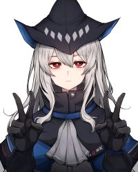 Rule 34 | 1girl, absurdres, arknights, ascot, black gloves, black hat, bright pupils, closed mouth, double v, expressionless, gloves, grey ascot, grey hair, hat, high collar, highres, long hair, looking at viewer, red eyes, rikuguma, simple background, skadi (arknights), solo, upper body, v, white background