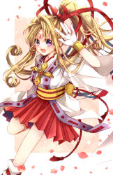 Rule 34 | 1girl, :d, back bow, blonde hair, boots, bow, cross, earrings, gloves, hair bow, hair intakes, hair ribbon, hayakawa sashimi, highres, jewelry, kaitou jeanne, kamikaze kaitou jeanne, knee boots, kusakabe maron, long hair, looking at viewer, magical girl, open mouth, petals, pleated skirt, ponytail, purple eyes, red bow, red ribbon, red skirt, ribbon, skirt, smile, solo, white footwear, white gloves, yellow bow