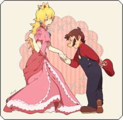 Rule 34 | 1boy, 1girl, blonde hair, border, couple, crown, dress, earrings, elbow gloves, facial hair, gloves, hat, heart, height difference, hetero, jewelry, mario, mario (series), mustache, nintendo, overalls, pink dress, princess peach, rounded corners, smile
