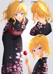 Rule 34 | 1girl, :d, arms behind back, black kimono, blonde hair, blue eyes, blush, candy apple, cherry blossom print, commentary request, floral print, food, grey background, hair ornament, hair stick, highres, holding, holding food, idolmaster, idolmaster cinderella girls, idolmaster cinderella girls starlight stage, japanese clothes, kimono, leaning forward, looking at viewer, medium hair, multiple views, namidako, obi, ohtsuki yui, open mouth, ponytail, sash, smile, twitter username, yukata