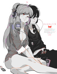 Rule 34 | 1boy, 1girl, barefoot, braid, breasts, cleavage, couple, crossed legs, digital media player, double bun, eyeshadow, hair bun, hair ornament, headphones, heart, hetero, jacket, listening to music, long hair, makeup, monochrome, no bra, one eye closed, open clothes, open jacket, overlord jc, ranma 1/2, red eyes, saotome ranma, shampoo (ranma 1/2), sitting, sleeves rolled up, small breasts, spot color, tank top, text focus, wink