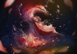 Rule 34 | 1girl, black background, black hair, cherry blossoms, covered mouth, dancing, floral print, flower, hair flower, hair ornament, half-closed eyes, japanese clothes, long hair, long sleeves, miemia, motion blur, onmyoji, petals, pink flower, red eyes, reflection, ripples, sash, shawl, solo, standing, tassel, water, water surface, wide sleeves, ying hua yao