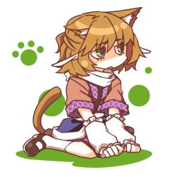 Rule 34 | 1girl, animal ears, blonde hair, cat ears, cat girl, cat tail, detached sleeves, female focus, green eyes, mizuhashi parsee, pointy ears, puffy sleeves, shiren, shiren (monochrome structure), short hair, short sleeves, solo, tail, touhou