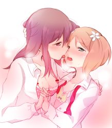 Rule 34 | 2girls, blonde hair, blush, bra, breasts, breath, collarbone, couple, flower, green eyes, hair flower, hair ornament, holding hands, hand on another&#039;s head, hand on another&#039;s shoulder, kiss, medium breasts, multiple girls, open clothes, red eyes, red hair, sakura trick, saliva, saliva trail, short twintails, small breasts, sonoda yuu, takayama haruka, tarabagani, tongue, twintails, underwear, yuri