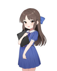 Rule 34 | 1girl, belt, blue bow, blue dress, blush, bow, brown belt, brown eyes, brown hair, cowboy shot, dress, finekodo, flat chest, hair bow, highres, holding, holding tablet pc, idolmaster, idolmaster cinderella girls, idolmaster cinderella girls u149, lace-trimmed sleeves, lace trim, long hair, looking at viewer, open mouth, pleated dress, puffy short sleeves, puffy sleeves, short sleeves, sidelocks, smile, solo, tablet pc, tachibana arisu, white background