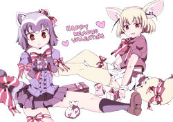 Rule 34 | 10s, 2girls, adapted costume, animal ears, blonde hair, bow, bowtie, box, brown eyes, common raccoon (kemono friends), ear ribbon, fennec (kemono friends), fox ears, fox tail, fur collar, gift, gift box, gloves, heart, heart-shaped pupils, holding, holding gift, kemono friends, miniskirt, multiple girls, ootsuka miyuko, pleated skirt, pouch, raccoon ears, raccoon tail, short hair, short sleeves, sitting, skirt, striped bow, striped bowtie, striped clothes, striped neckwear, symbol-shaped pupils, tail, tail bow, tail ornament, thigh bow, thigh strap, thighhighs, valentine, white background, white skirt, wrist cuffs
