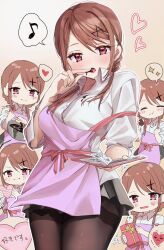 Rule 34 | 1girl, apron, black pantyhose, blush, book, box, braid, breasts, brown hair, button gap, chigusa minori, chocolate, chocolate making, closed eyes, closed mouth, collarbone, collared shirt, commentary request, cookbook, cooking, dress shirt, eating, fist pump, food on clothes, gift, gift box, grey skirt, hair between eyes, hair ornament, heart, highres, holding, holding book, kokoro iroduku koi ga shitai, letter, long hair, looking at viewer, love letter, low twin braids, medium breasts, mixing bowl, momiji ayaka, musical note, nervous, open book, open mouth, pantyhose, pink apron, pleated skirt, red eyes, school uniform, shirt, sidelocks, skirt, sparkle, spoken heart, spoken musical note, spoken sparkle, strap slip, sweatdrop, tasting, thighband pantyhose, tongue, translated, twin braids, valentine, white shirt, x hair ornament