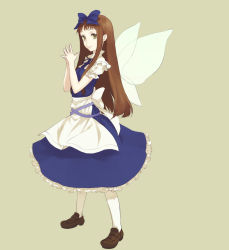 Rule 34 | 1girl, bow, brown eyes, brown hair, eastern and little nature deity, egawa satsuki, female focus, full body, hair bow, highres, light smile, loafers, long hair, shoes, simple background, solo, standing, star sapphire, steepled fingers, touhou, touhou sangetsusei, wings