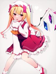 Rule 34 | 1girl, absurdres, alternate hairstyle, closed mouth, crystal, flandre scarlet, grey background, hat, heart, highres, long hair, long sleeves, looking at viewer, mob cap, red eyes, red footwear, red skirt, red vest, shirt, simple background, skirt, sleeves past fingers, sleeves past wrists, smile, socks, solo, tongue, tongue out, touhou, twintails, vest, white hat, white shirt, white socks, wings, you (noanoamoemoe)