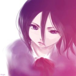 Rule 34 | 00s, 1girl, black eyes, black hair, bleach, close-up, closed mouth, expressionless, kuchiki rukia, lips, monochrome, simple background, solo, upper body, white background