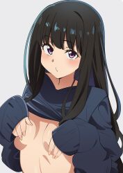 Rule 34 | 1girl, black hair, black sweater, breasts, clothes lift, commentary request, covering breasts, covering privates, hands up, highres, inoue takina, long hair, long sleeves, lycoris recoil, o3o, puckered lips, purple eyes, sakura 1110ssmm, simple background, sleeves past wrists, small breasts, solo, sweater, sweater lift, upper body, white background