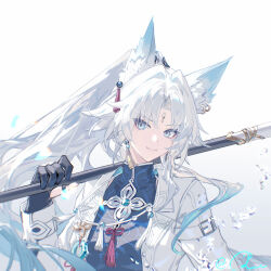 1girl animal_ear_fluff animal_ear_piercing animal_ears black_gloves blue_eyes blue_hair blue_shirt closed_mouth earrings eyeliner feixiao_(honkai:_star_rail) forehead_jewel fox_ears fox_girl gloves gradient_hair hand_up highres holding holding_polearm holding_weapon honkai:_star_rail honkai_(series) jacket jewelry long_hair long_sleeves looking_at_viewer makeup multicolored_hair open_clothes open_jacket parted_bangs partially_fingerless_gloves polearm ponytail qqqne red_eyeliner shirt simple_background smile solo tassel tassel_earrings thumb_ring upper_body weapon white_background white_hair white_jacket