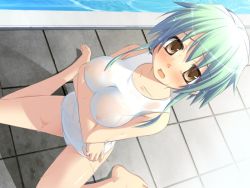 Rule 34 | 1girl, barefoot, blush, breasts, brown eyes, character request, covered erect nipples, crossed arms, dutch angle, feet, green hair, kneeling, ninozen, nipples, one-piece swimsuit, open mouth, pool, poolside, school swimsuit, see-through, short hair, solo, source request, swimsuit, wet, white school swimsuit, white one-piece swimsuit