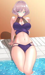 Rule 34 | 1girl, 2021, absurdres, arms behind back, bare shoulders, blue eyes, breasts, brown hair, cleavage, closed mouth, collarbone, day, fujita, gridman universe, highres, large breasts, looking at viewer, mujina, navel, outdoors, partially submerged, pool, short hair, sitting, solo, ssss.dynazenon, water