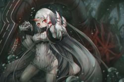 Rule 34 | 10s, 1girl, absurdly long hair, abyssal ship, blood, blurry, chromatic aberration, claws, damaged, depth of field, detached sleeves, dress, highres, horns, kajaneko, kantai collection, long hair, red eyes, ribbed dress, ribbed sweater, seaport princess, short dress, single horn, solo, sweater, sweater dress, torn clothes, very long hair, white hair