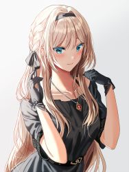 Rule 34 | 1girl, alternate costume, an-94 (girls&#039; frontline), aqua eyes, belt, black dress, black gloves, black ribbon, blonde hair, blush, braid, closed mouth, collarbone, dress, duplicate, french braid, girls&#039; frontline, gloves, hair between eyes, hair ribbon, hairband, hands up, jewelry, long hair, looking at viewer, necklace, ribbon, silence girl, smile, solo, white background
