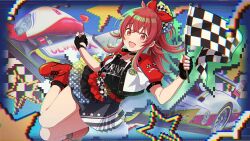 Rule 34 | 1girl, boots, car, checkered clothes, checkered flag, fingerless gloves, flag, game cg, gloves, idolmaster, idolmaster shiny colors, jacket, komiya kaho, motor vehicle, official art, open mouth, ponytail, race queen, red eyes, red hair, skirt, solo, star (symbol)