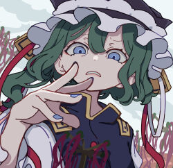 Rule 34 | 1girl, absurdres, black hat, blue eyes, blue nails, blue vest, disgust, fingernails, flower, frilled hat, frills, frown, green hair, hat, highres, kame (kamepan44231), long sleeves, looking at viewer, nail polish, open mouth, red flower, shiki eiki, shirt, short hair, simple background, solo, touhou, upper body, vest, white shirt