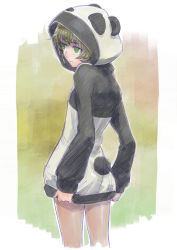 Rule 34 | animal hood, bare legs, bottomless, cosplay, covering privates, covering ass, cowboy shot, from behind, green eyes, green hair, highres, hiyajou maho, hood, kigurumi, looking to the side, menomorute, messy hair, panda hood, ringed eyes, simple background, solo, steins;gate, steins;gate 0, tagme, wavy mouth