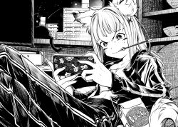 Rule 34 | 1girl, 2022, angry, animal ears, cat, cellphone, clenched teeth, eudetenis, fingernails, food, greyscale, hair ornament, highres, holding, holding phone, indoors, jacket, long fingernails, long hair, long sleeves, monochrome, mouth hold, night, nintendo switch, open clothes, open jacket, original, pants, phone, pocky, sharp teeth, shelf, signature, smartphone, star (sky), sweat, tail, teeth, track jacket, window, x hair ornament