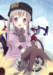 Rule 34 | 1girl, absurdres, bicycle, blurry, depth of field, flower, grey hair, hat, highres, long hair, looking at viewer, original, pantyhose, pantyhose under shorts, purple eyes, scarf, shiro (octet), shorts, sitting, solo, twintails