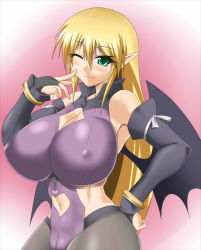 Rule 34 | 1girl, armpits, artist request, bare shoulders, blonde hair, blush, breasts, cameltoe, character cutout, cleavage, clothing cutout, covered erect nipples, elbow gloves, eyebrows, gloves, gradient background, green eyes, hand on own hip, highres, huge breasts, long hair, looking at viewer, lotte no omocha!, mercelida ygvar, navel, navel cutout, one eye closed, pantyhose, pointy ears, simple background, smile, solo, wings, wink