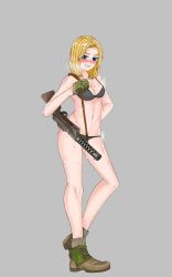 Rule 34 | 1girl, absurdres, ankle boots, black bra, black panties, blonde hair, blue eyes, blush, boots, bra, breasts, brown footwear, cleavage, clenched hand, commentary, cross-laced footwear, english commentary, frown, full body, german army, glaring, gloves, green gloves, grey background, grimace, hand on own hip, heel up, highres, looking at viewer, medium breasts, medium hair, navel, original, panties, simple background, solo, standing, steam, underwear, world war ii, yellow chease