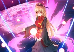Rule 34 | 1girl, aura, black dress, black sash, blonde hair, blush, breasts, chinese commentary, commentary request, danmaku, dress, feet out of frame, hair between eyes, headdress, highres, junko (touhou), large breasts, long hair, long sleeves, looking at viewer, red eyes, sash, smile, solo, space, tabard, tassel, touhou, umou (may65879), very long hair, wide sleeves