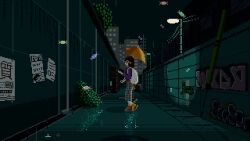 Rule 34 | 1girl, animated, animated gif, blinking, brown hair, building, bush, candy, falling, food, full body, graffiti, grey pants, holding, holding umbrella, looping animation, muscat dot, night, orange footwear, orange umbrella, original, outdoors, pants, pixel art, puddle, purple shirt, reflection, reflective water, shirt, shoes, short hair, skyscraper, sneakers, solo, umbrella, unusually colored rain, utility pole, white bag, wrapped candy