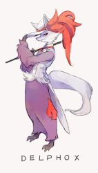 Rule 34 | alternate color, animal ear fluff, cane, character name, clothed pokemon, commentary request, creatures (company), delphox, full body, furry, game freak, gen 6 pokemon, hands up, hat, highres, holding, holding cane, nigiri (ngr24), nintendo, orange eyes, parted lips, pokemon, pokemon (creature), shiny pokemon, solo, standing, vest, white hat, white vest