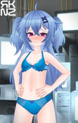 Rule 34 | 1girl, absurdres, belly, blue bra, blue hair, blue panties, blush, blush stickers, bow, bow panties, bra, breasts, chiaki katsumi, commission, hair ornament, hairclip, hand on own hip, highres, indoors, looking at viewer, monitor, navel, panties, pink eyes, pixellink, rikokenz, small breasts, underwear, underwear only, virtual youtuber, wavy mouth