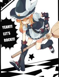 Rule 34 | 1girl, :d, adapted costume, belt, blonde hair, boots, border, broom, broom riding, bullet, chain, checkered floor, elbow gloves, english text, female focus, floor, full body, gloves, hand on own hip, hat, hibimegane, highres, hip focus, kirisame marisa, open mouth, smile, solo, star (symbol), touhou, white background, witch, witch hat, yellow eyes