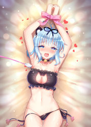 Rule 34 | 1girl, absurdres, animal ears, antenna hair, armpits, arms up, bdsm, bell, black bra, black panties, black ribbon, blue eyes, blue hair, blush, bondage, bound, bound wrists, bow, bra, breasts, cat cutout, cat ears, cat lingerie, cat teaser, choker, cleavage cutout, clothing cutout, cowboy shot, feathers, frilled bra, frills, gluteal fold, hair ribbon, heart, heart-shaped pupils, highres, jingle bell, lying, matching hair/eyes, medium breasts, meme attire, navel, neck bell, nose blush, on back, onmyoji, open mouth, original, panties, panty pull, pink bow, ribbon, saliva, sannio, side-tie panties, solo, stomach, sweat, symbol-shaped pupils, tears, tearsw, tickle torture, tickling, tongue, tongue out, trembling, underwear, underwear only, untied panties