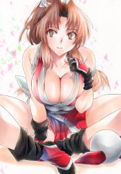 Rule 34 | 1girl, absurdres, breasts, brown eyes, brown hair, cleavage, fatal fury, female focus, highres, large breasts, long hair, matching hair/eyes, ninja, parted bangs, pelvic curtain, ponytail, revealing clothes, rozarin, shiranui mai, simple background, sitting, smile, socks, solo, thighs