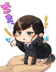Rule 34 | 1girl, 1other, afterimage, black eyes, black footwear, black hair, black jacket, black pantyhose, black skirt, blazer, blush, braid, chibi, collared shirt, commentary request, earrings, french braid, full body, highres, in palm, jacket, jewelry, junk gaming maiden, kitsunerider, long hair, long sleeves, low-tied long hair, mole, mole on cheek, office lady, onizuka saori, open mouth, pantyhose, pencil skirt, shirt, shoes, simple background, skirt, solo focus, swept bangs, thick eyebrows, transparent background, triangle mouth, very long hair, white shirt
