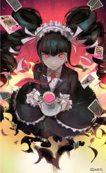 Rule 34 | 1girl, black hair, black nails, blunt bangs, bonnet, card, celestia ludenberg, claw ring, commentary, cup, danganronpa: trigger happy havoc, danganronpa (series), drill hair, earrings, english commentary, from above, gothic lolita, highres, holding, jewelry, lolita fashion, long hair, long sleeves, looking at viewer, nail polish, necktie, photoshop (medium), playing card, qosic, red eyes, skirt, solo, teacup, twin drills, twintails, very long hair