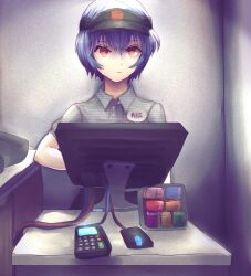 Rule 34 | 1girl, alternate costume, ayanami rei, blue hair, cash register, cashier, chick-fil-a, closed mouth, commentary, counter, english commentary, expressionless, green shirt, hair between eyes, highres, indoors, looking at viewer, monitor, name tag, neon genesis evangelion, pale skin, polo shirt, pun, red eyes, restaurant, shaded face, shirt, short hair, short sleeves, solo, standing, striped clothes, striped shirt, sushimassacre, two-tone shirt, uniform, very short hair, visor cap, white shirt