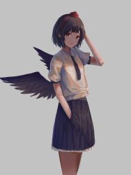 Rule 34 | 1girl, arm behind head, bird wings, black hair, black necktie, black skirt, cowboy shot, feathered wings, fjsmu, flat chest, frilled skirt, frills, grey background, hand in pocket, hat, highres, looking at viewer, necktie, open mouth, pleated skirt, pointy ears, red eyes, shameimaru aya, shirt, short hair, short sleeves, simple background, skirt, solo, tokin hat, touhou, white shirt, wings
