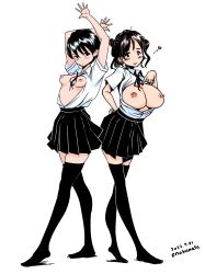 Rule 34 | 2girls, absurdres, arms up, black hair, blush, breasts, breasts out, brown hair, highres, large breasts, looking at viewer, medium breasts, multiple girls, nipples, onokanata, ribbon, school uniform, shirt, skirt, smile, standing, thighhighs, unbuttoned, unbuttoned shirt