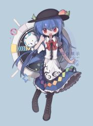 Rule 34 | 1girl, black footwear, black headwear, blue hair, blue skirt, blush, boots, buttons, center frills, collared shirt, cross-laced footwear, fox kikumi, frilled skirt, frills, fruit hat ornament, hat ornament, highres, hinanawi tenshi, knee boots, lace-up boots, long hair, open mouth, peach hat ornament, red eyes, shirt, short sleeves, skirt, solo, touhou, white shirt