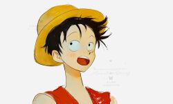 Rule 34 | 1boy, black hair, close-up, hat, linerynlasgalen, looking to the side, looking up, male focus, monkey d. luffy, one piece, open mouth, red shirt, scar, scar on face, shirt, short hair, simple background, sleeveless, sleeveless shirt, solo, straw hat, white background