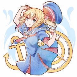 Rule 34 | 1girl, anchor, beret, blonde hair, blue dress, blue eyes, blue hat, blue sailor collar, closed mouth, dress, edna (tales), hair between eyes, hair ribbon, hat, mishiro (andante), red neckwear, red ribbon, ribbon, sailor collar, short hair, short twintails, smile, solo, tales of (series), tales of zestiria, twintails